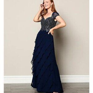 Xscape Embroidered Cap Sleeve Sweetheart Neckline Tiered Gown in Navy/Silver